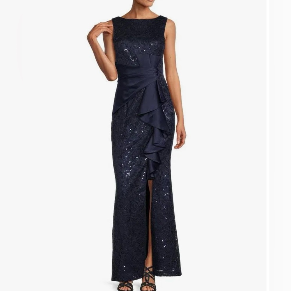 Eliza J sequined ruffle front  full length maxi dress. Size 10 NWT.